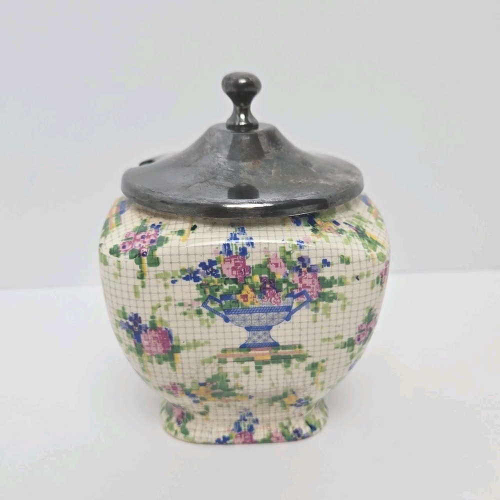 Royal‎ Winton Grimwades Pelham Old Cottage Vtg Chinz Jam Pot Silverplate Lid
